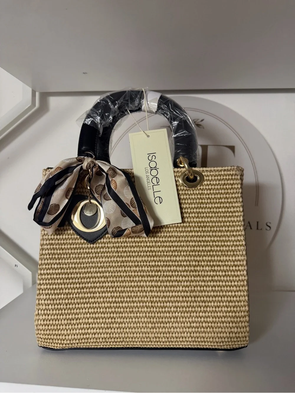 Woven Straw Top-Handle Bag with Scarf Accent - Beige